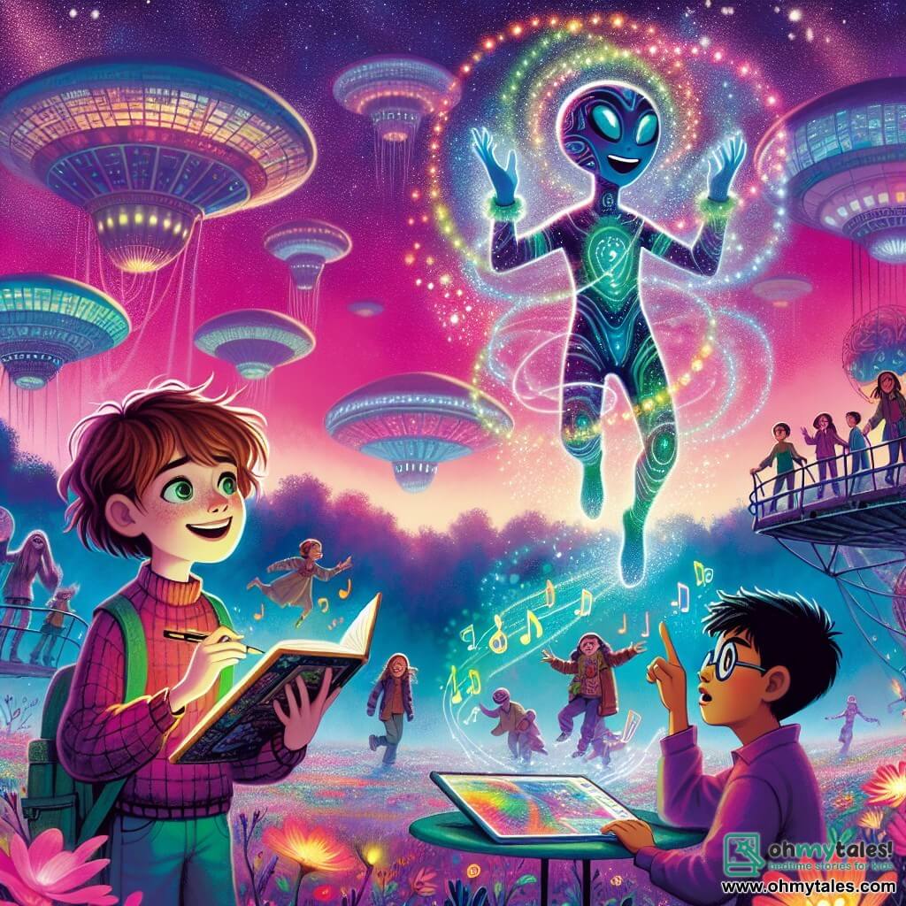 An illustration depicts a vibrant and colorful scene on the planet Zara, where floating buildings shimmer under a magenta sky, illuminated by dancing auroras. In the foreground, an eleven-year-old girl with messy brown hair and sparkling green eyes smiles in wonder, holding a sketchbook in her hands. Next to her, a boy of the same age with black hair and round glasses attentively observes a colorful hologram projected by a joyful alien creature with bright eyes and shimmering skin. The scene exudes an atmosphere of curiosity and friendship, with musical notes floating in the air and luminescent flowers around them. In the background, other children of various backgrounds interact with Orinthians, sharing laughter and discoveries, creating a sense of unity and wonder in this fantastical environment.
