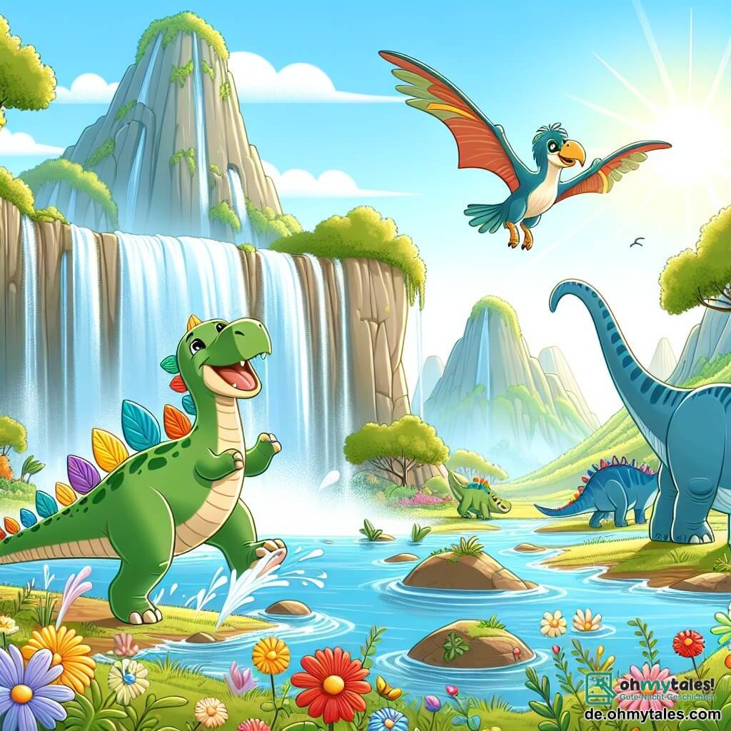 Eine Illustration, die eine wunderschöne prähistorische Landschaft mit einem großen, majestätischen Wasserfall im Hintergrund darstellt, umgeben von grünen Hügeln und bunten Blumen, die kleinen Sternen ähneln. Im Vordergrund steht ein niedlicher Stegosaurus mit grüner Haut und blattförmigen, bunten Rückenplatten, der fröhlich mit dem Kopf zum Himmel schaut und mit seinem Schwanz Wasser spritzt. Neben ihm beugt sich ein großer, langhalsiger Brontosaurus mit bläulicher Haut, um Wasser zu trinken, während ein Pterodactylus mit ausgebreiteten Flügeln und gelb-roten Federn fröhlich über ihnen schwebt und schreit. Die Szene strahlt eine Atmosphäre von Glück und Freundschaft aus, mit Sonnenstrahlen, die durch die Bäume filtern und tanzende Schatten auf den Boden werfen.