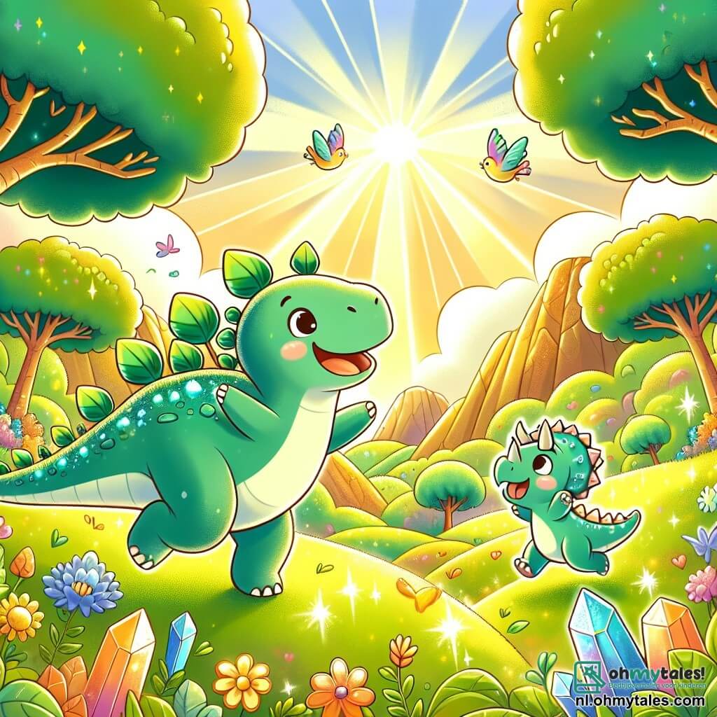Illustratie van een uitgestrekte groene vallei, badend in gouden licht, met majestueuze bomen met stralende bladeren en kleurrijke bloemen die dansen in de wind. In het midden staat een grote stegosaurus met glinsterende groene en blauwe platen op zijn rug, vrolijk met zijn hoofd naar de lucht geheven. Naast hem springt een kleine triceratops, met delicate hoorns en een lichtbruine vacht, van blijdschap, zijn ogen sprankelend van opwinding. Samen verkennen ze hun nieuwe omgeving, ontdekken glanzende kristallen die uit de grond oprijzen, terwijl kleurrijke vogels boven hen vliegen. De sfeer is gevuld met geluk en avontuur, met zonnestralen die door de bomen filteren en dansende schaduwen op de grond creëren.