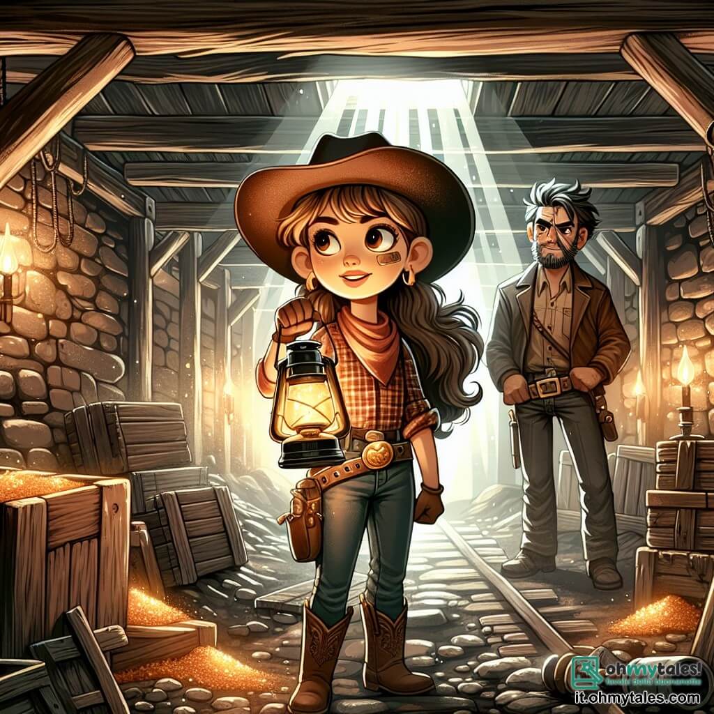 Illustrazione che rappresenta una scena in una miniera abbandonata, con muri in pietra grezza e travi in legno invecchiato, illuminata da fasci di luce che filtrano attraverso le crepe. Al centro, una giovane cow-girl di circa dieci anni, con capelli castani ondulati, indossa un cappello da cowboy e una camicia a quadri, con uno sguardo determinato, tiene una lampada a olio in una mano e un piccolo pepita d'oro nell'altra. Accanto a lei, un uomo di mezza età, con una cicatrice sul viso e vestito con una giacca di pelle, osserva con ammirazione, gli occhi brillanti di eccitazione. La scena principale mostra la scoperta di un tesoro nascosto, con attrezzi arrugginiti e casse di legno sparse intorno, mentre una leggera nube di polvere fluttua nell'aria, aggiungendo un'atmosfera di avventura e mistero.