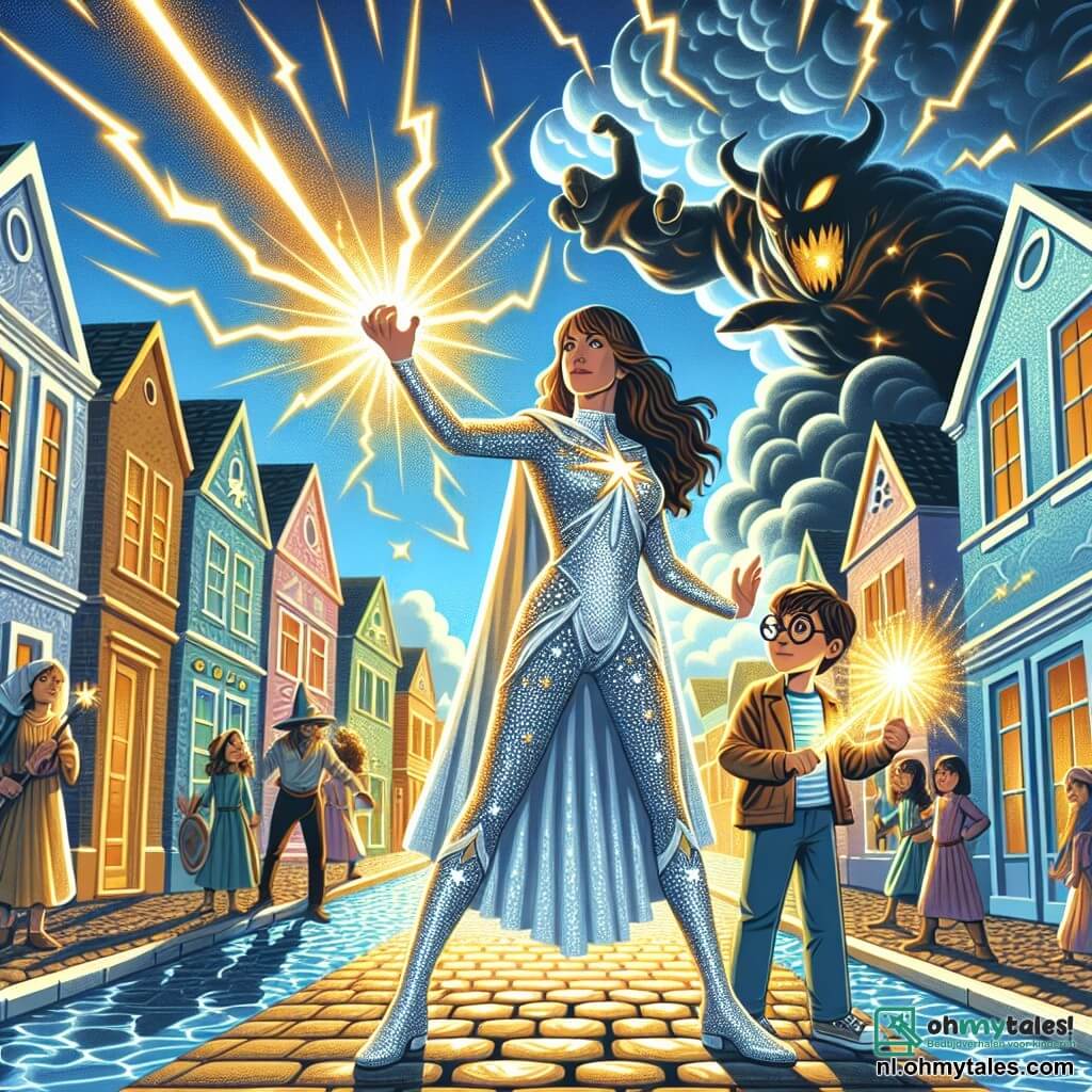 Illustratie van een levendige scène in de stad Luminara, waar kleurrijke huizen in pastelkleuren langs straten met glanzende stenen zijn gerangschikt. De lucht is helderblauw, met enkele donzige witte wolken. In het midden van de afbeelding staat een heldhaftige vrouw trots, met haar lange kastanjebruine haren die in de wind waaien, gekleed in een glinsterend zilveren kostuum versierd met sterrenmotieven. Ze steekt haar armen naar de lucht, terwijl ze stralen van schitterend licht uitzendt om een monster van donkere wolken en duisternis af te schrikken. Naast haar staat een jongen van ongeveer 10 jaar, met ronde brillen en een rommelig kapsel, die een toverstok omhooghoudt die een gouden gloed uitstraalt. Hij kijkt met bewondering naar de heldhaftige vrouw, klaar om haar te helpen in haar queeste. De scène vangt de intensiteit van het moment waarop de vrouw haar krachten gebruikt om het dreigende monster te bestrijden, terwijl vonken van licht om hen heen dansen. Op de achtergrond kijken de inwoners van Luminara, zowel kinderen als volwassenen, met uitdrukkingen van verbazing en hoop, wat een dynamisch element aan de illustratie toevoegt.