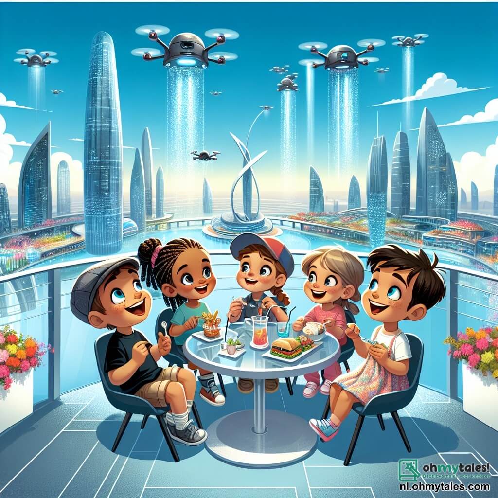 Illustratie van een café dat boven een futuristische stad zweeft, met glinsterende glazen gebouwen en hangende tuinen. De lucht is helderblauw, bezaaid met drones die pakketten bezorgen en vliegende voertuigen die soepel glijden. In het midden van de afbeelding zitten vier kinderen aan een glazen tafel op een hangend terras. Een achtjarige jongen met rommelig bruin haar en een stralende glimlach kijkt verwonderd naar het landschap. Naast hem wijst een achtjarig meisje met gevlochten blond haar en kleurrijke brillen naar een passerende drone. Een andere jongen van negen jaar met zwart haar en een pet neemt een hap van zijn sandwich, terwijl een zevenjarig meisje met krullend haar en een kleurrijke jurk lacht terwijl ze naar haar vrienden luistert. De scène toont de kinderen die een vrolijk moment delen, omringd door de levendige energie van de stad. Fonkelende lichten stralen van de gebouwen en kleurrijke bloemen versieren het terras. Op de achtergrond spuit een grote interactieve fontein waterstralen de lucht in, wat een magische sfeer toevoegt.