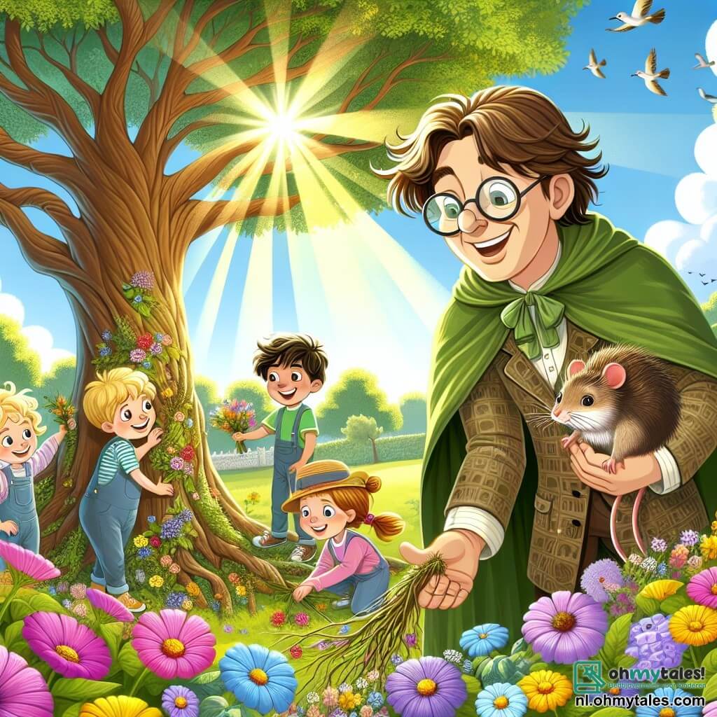 Illustratie van een zonnig park, vol kleurrijke bloemen en majestueuze bomen, met in het midden een grote eik met groen loof, waarvan de takken zich als verwelkomende armen uitstrekken. Op de voorgrond staat een man met een warme glimlach in een groene cape die achter hem wappert, zijn ronde bril weerkaatst het zonlicht. Hij heeft rommelig bruin haar en een kostuum versierd met afbeeldingen van dieren, en hij leunt naar een kleine muis, met vriendelijkheid met haar pratend. Naast hem is een groep van vier kinderen, twee jongens en twee meisjes, van ongeveer 8 tot 10 jaar, die takken en bloemen verzamelen om een zieke boom te helpen. De jongens hebben blond en bruin haar en dragen kleurrijke T-shirts, terwijl de meisjes, één met vlechten en de ander met een staart, lichte jurken dragen. De scène toont de man die de kinderen aanmoedigt om samen te werken, met glimlachen op hun gezichten, terwijl de muis, vol hoop, naar hen kijkt. Op de achtergrond straalt de zon in een heldere blauwe lucht, en vogels vliegen vrolijk om hen heen, wat een vleugje magie toevoegt aan deze mooie dag van avontuur en vriendschap.
