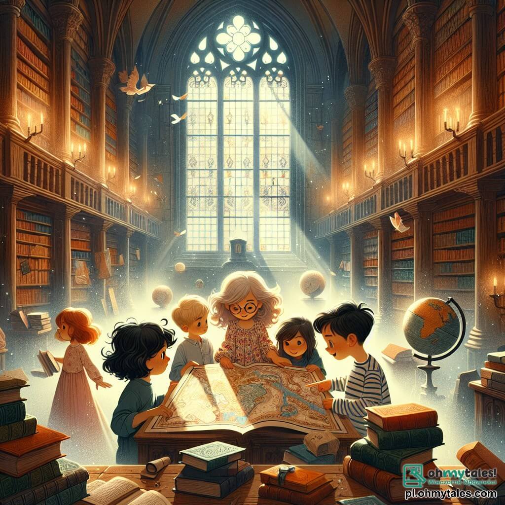 Ilustracja przedstawiająca scenę w magicznej bibliotece, z dużymi drewnianymi półkami wypełnionymi starymi książkami o kolorowych okładkach. Miękkie światło wpada przez duże okna, oświetlając kurz w powietrzu i tworząc tajemniczą atmosferę. W centrum obrazu czterech dzieci zebrało się wokół starej mapy. Jest dziewczynka w wieku około 10 lat, z brązowymi, kręconymi włosami, w kwiecistej sukience i okrągłych okularach, która z ciekawością bada mapę. Obok niej stoi chłopiec w wieku 11 lat, z rozczochranymi blond włosami i w paskowanym t-shircie, który z entuzjazmem wskazuje miejsce na mapie. Inna dziewczynka, w wieku około 9 lat, z gładkimi, czarnymi włosami, w bluzie z kapturem, patrzy na mapę z zamyśleniem. Na końcu chłopiec w wieku 10 lat, w okularach i z figlarnym uśmiechem, trzyma w drugiej ręce otwartą starą książkę. Główna sytuacja przedstawia dzieci w trakcie badania, odkrywających mapę skarbów, która prowadzi ich do przygody. Dodatkowe elementy graficzne to stary, zakurzony globus w rogu, książki rozsypane na stole oraz atmosfera tajemnicy z miękkimi cieniami i błyskami światła.