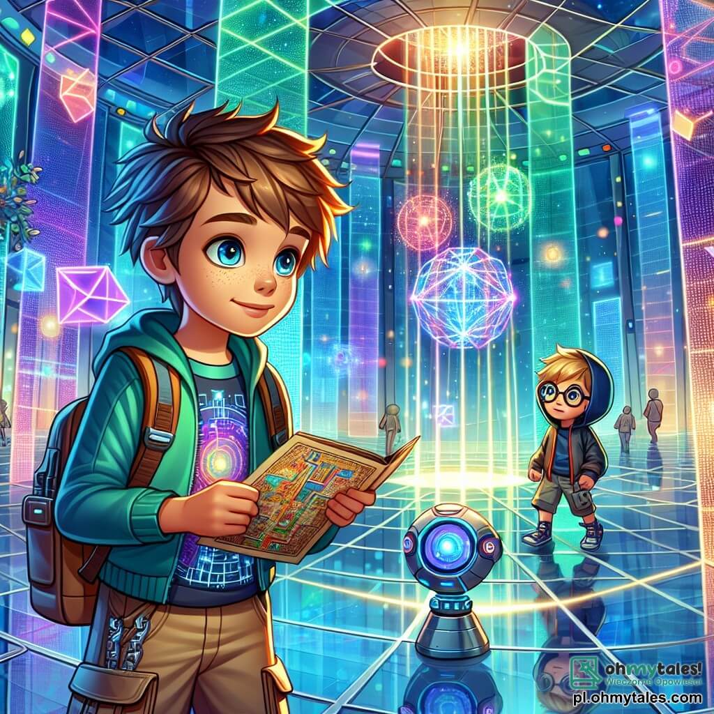 Ilustracja przedstawiająca żywą scenę wewnątrz Kryształowej Wieży, futurystycznego budynku z lśniącymi szklanymi ścianami, odbijającymi kolorowe światła tańczące na powierzchniach. Sufit jest wysoki, ozdobiony unoszącymi się hologramami przedstawiającymi zaawansowane technologie, podczas gdy świetlne panele wyświetlają geometryczne wzory na podłodze. W centrum sceny stoi 9-letni chłopiec z rozczochranymi brązowymi włosami i błyszczącymi z ciekawości oczami, przed dużym komputerem holograficznym. Ma na sobie t-shirt z futurystycznymi wzorami i szorty, trzymając w ręku starą mapę, zdeterminowany i zachwycony. Obok niego stoi inny 9-letni chłopiec w okrągłych okularach i blond włosach, uważnie obserwujący ekran, z szeroko otwartymi oczami pełnymi fascynacji. Ma na sobie bluzę z kapturem i spodnie cargo, trzymając pod pachą małego, wyłączonego robota. Główna sytuacja pokazuje obu chłopców odkrywających tajemnice Kryształowej Wieży, z hologramami map i tajemniczymi symbolami unoszącymi się wokół nich, podczas gdy delikatne światło oświetla pokój, tworząc magiczną i intrygującą atmosferę. Dodatkowe elementy graficzne to futurystyczne gadżety rozrzucone po stołach, drony unoszące się w powietrzu i ściany ozdobione technologicznymi wzorami.