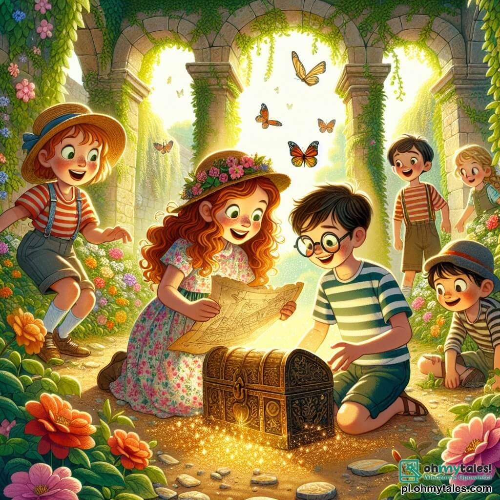Ilustracja przedstawiająca tajemniczy, stary ogród otoczony wysokimi murami pokrytymi bluszczem oraz kolorowymi kwiatami tańczącymi na wietrze. W centrum znajduje się grupa czterech dzieci: dziewczynka z brązowymi, kręconymi włosami, mająca siedem lat, w kwiecistej sukience i słomkowym kapeluszu, trzymająca w rękach starą mapę z szerokim uśmiechem. Obok niej chłopiec z krótkimi blond włosami, również siedmioletni, w paskowanym t-shircie i szortach, który z zachwytem przygląda się starej drewnianej skrzynce, którą właśnie odkopały. Inny chłopiec w okularach i z kasztanowymi włosami pochyla się, aby zbadać skrzynkę, podczas gdy dziewczynka z rudymi, warkoczami, w kolorowym t-shircie, klęczy, zbierając świecące kwiaty wokół nich. Scena wypełniona jest złotym światłem zachodzącego słońca, tworząc magiczną atmosferę, z motylami wirującymi wokół i wyczuwalnym poczuciem przygody w powietrzu.