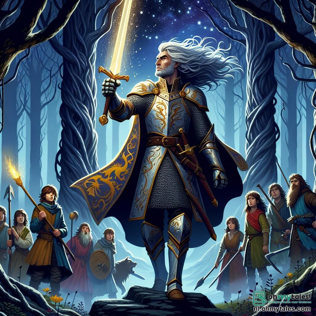 Illustratie die een epische scène weergeeft in een donkere en mysterieuze bos, waar majestueuze bomen met knoestige stammen omhoog reiken naar een sterrenhemel, wat een zowel magische als onheilspellende sfeer creëert. In het midden van de afbeelding staat een onverschrokken ridder, een man van eenendertig jaar, stevig rechtop, gekleed in een glanzende harnas versierd met drakenmotieven, met een lange zilveren haardos die in de wind waait. Hij heft een glanzend zwaard op, klaar om de vijand te confronteren, met een vastberaden en moedige blik. Om hem heen staat een groep moedige dorpelingen, mannen en vrouwen van twintig tot dertig jaar, op de achtergrond, met gezichten die zowel angst als vastberadenheid uitstralen. Ze dragen eenvoudige maar kleurrijke kleding, en sommigen hebben landbouwgereedschap omgevormd tot geïmproviseerde wapens, klaar om hun held te steunen. De hoofdscène toont de ridder die zich voorbereidt om een dreigende schaduw te bestrijden die uit de duisternis opdoemt, een donkere silhouet met vage contouren, symbool voor de bedreiging van het kwaad. Lichtstralen komen uit het zwaard van de ridder, die zijn vastberaden gezicht verlichten en een scherp contrast creëren met de omringende duisternis. Bladeren wervelen om hen heen, wat de beweging en intensiteit van de scène benadrukt, terwijl een gevoel van moed en hoop uit het geheel naar voren komt.