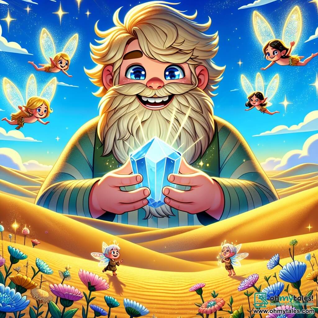 An illustration depicting a vast mystical desert, where golden dunes stretch as far as the eye can see, dotted with colorful flowers dancing in the breeze. In the center stands a benevolent giant with sparkling blue eyes and wavy sand-colored hair, holding a magnificent shimmering stone in his large hands. Beside him, a group of small winged creatures, sprites with translucent and iridescent wings, joyfully flit around him, their faces radiating happiness. The scene captures the giant smiling, ready to share the magic of the stone with his friends, while bursts of light emanate from the stone, illuminating the surrounding landscape. In the background, a deep blue sky is dotted with fluffy white clouds, adding a dreamlike touch to this enchanted scene.