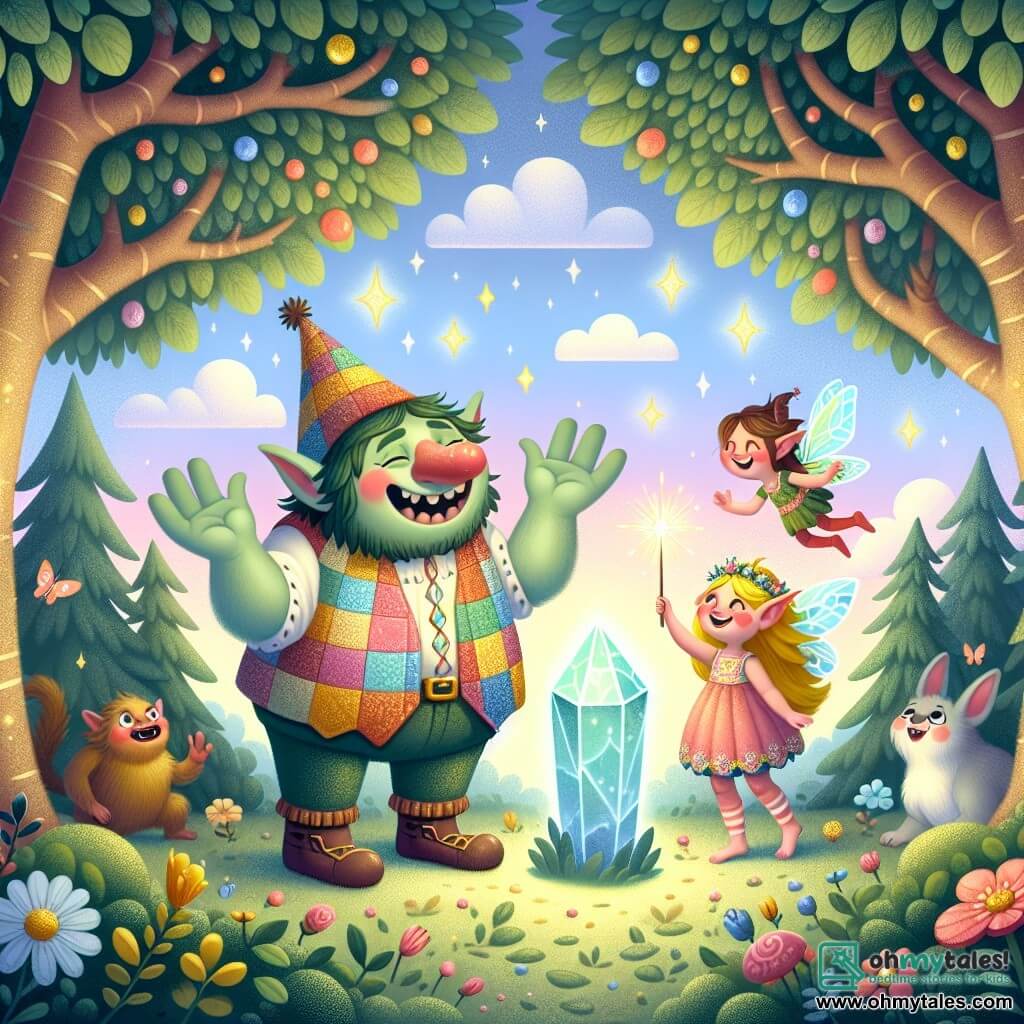 An illustration depicting a magical scene in an enchanted forest, where trees with shimmering leaves rise towards a pastel sky dotted with fluffy clouds. In the center, a jovial troll with green skin, a round belly, and a cherry-red nose stands before a glowing crystal that emits a soft light. He wears a colorful patchwork vest and an oversized hat, smiling in wonder with his hands outstretched towards the crystal. Beside him, a small fairy with iridescent wings, around ten years old, with golden hair and a dress made of flower petals, joyfully flies while waving a sparkling wand. Together, they stand before the magical crystal, which glows faintly, symbolizing hope and the magic to be restored. Colorful flowers and curious fantasy creatures, like rabbits with bright eyes and birds with shimmering feathers, surround the scene, adding a touch of life and enchantment to this magical adventure.