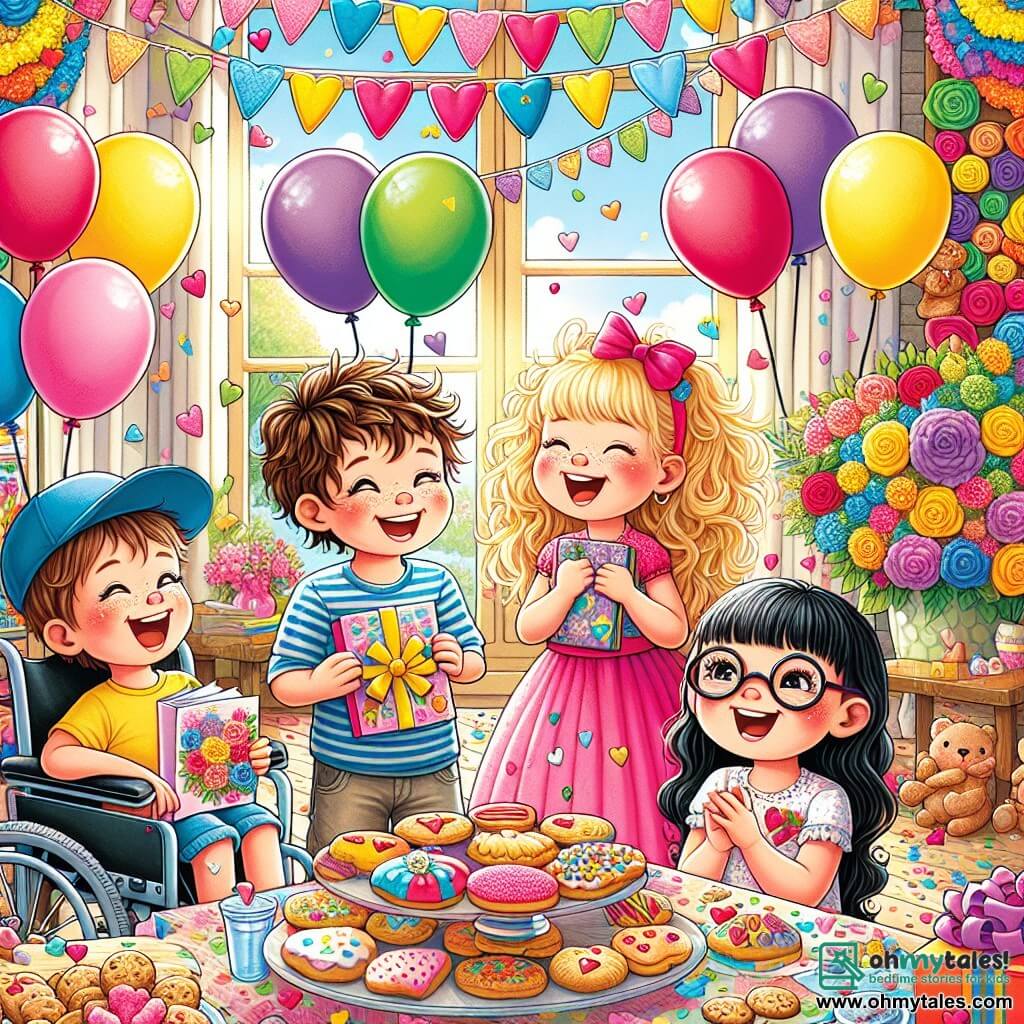 An illustration depicting a joyful scene in a living room decorated for Mother's Day. The place is filled with bright colors: multicolored balloons float from the ceiling, paper flower garlands adorn the walls, and a large table is covered with delicious heart-shaped cookies. In the center of the scene, four children are gathered: an 8-year-old boy wearing a blue cap with messy brown hair, smiling while holding a colorful card. Next to him, a 7-year-old girl with curly golden hair, dressed in a pink dress, bursts into laughter while holding a bouquet of vibrant flowers. Another 6-year-old boy, wearing glasses and a striped t-shirt, gazes in wonder at a small silver locket in his hands. Finally, a 9-year-old boy in a wheelchair, with a big smile and black hair, watches his friends with pride, surrounded by treats and gifts. The main situation shows the children preparing a surprise for their moms, filled with excitement and happiness, while soft sunlight filters through the window, creating a warm and festive atmosphere. Laughter and sweet words float in the air, as the smell of freshly baked cookies fills the room.
