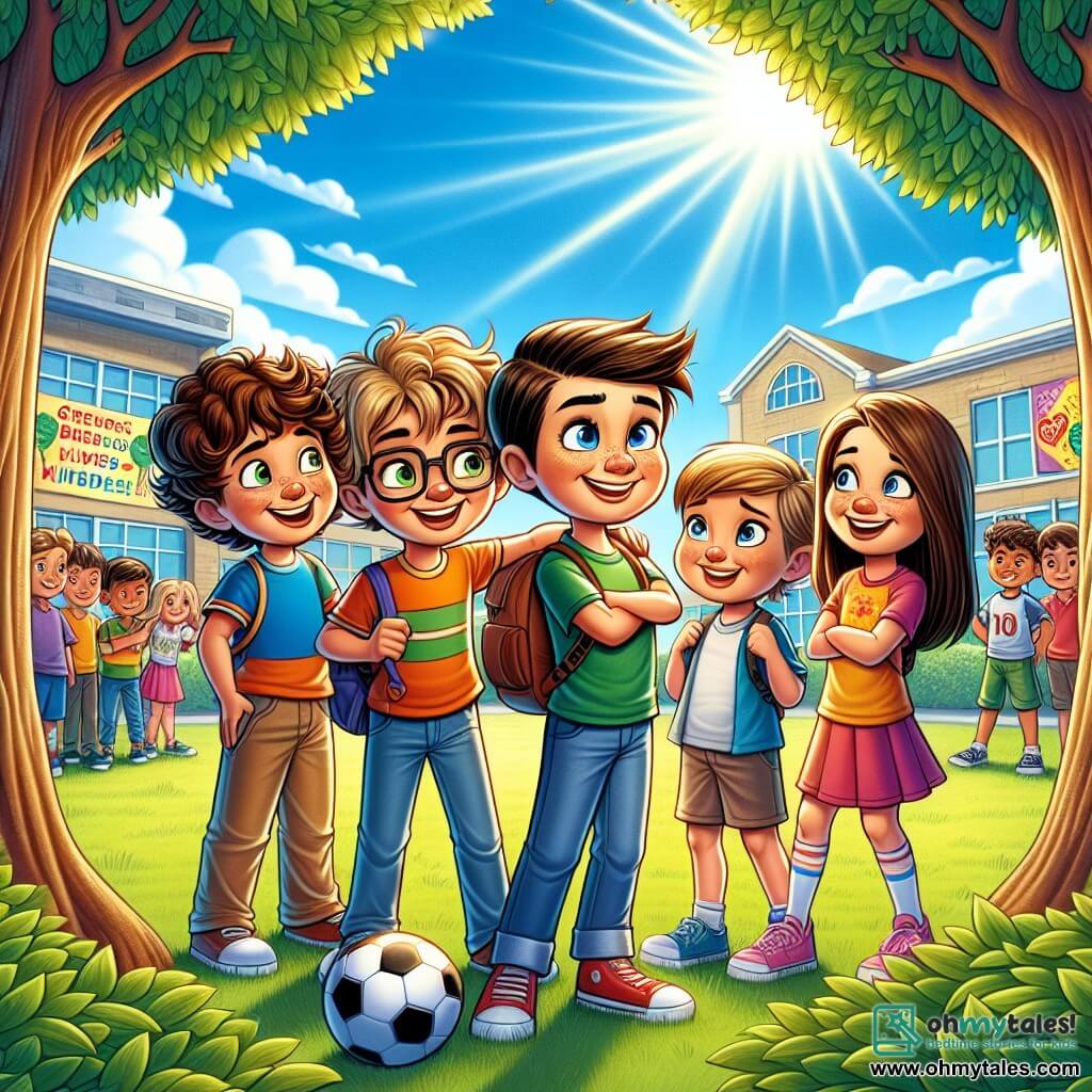 The illustration depicts a lively schoolyard surrounded by tall trees with green leaves and a bright blue sky. In the center, a group of four children is gathered: a 10-year-old boy with curly hair and sparkling eyes, smiling and holding a soccer ball; a 9-year-old boy with brown hair and glasses, showing a shy yet determined expression, standing close to his friend; a 10-year-old girl with long, smooth hair, wearing a colorful t-shirt, encouraging others with a big smile; and another 11-year-old boy with short hair and a laid-back attitude, looking hesitant to join the group. The scene captures the moment when the group of friends stands up for a new student against older kids who are teasing them. The children's faces express solidarity and courage, while the older kids in the background show mocking expressions but begin to display signs of surprise. Colorful posters on the school walls convey messages of kindness, and games are scattered around, creating a dynamic and energetic atmosphere.