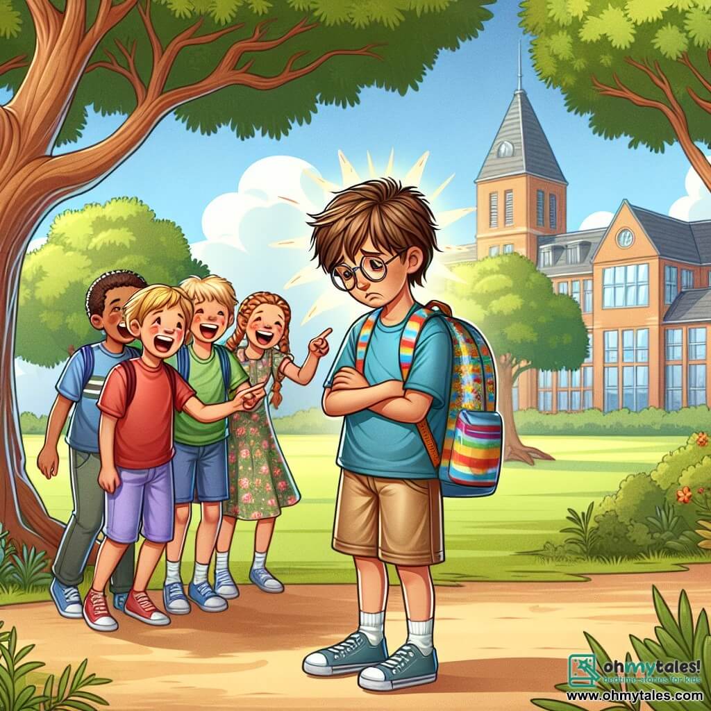 An illustration depicting a sunny schoolyard with lush trees and a large school building in the background. In the center, a 7-year-old boy with messy brown hair and round glasses stands slightly apart, looking sad and worried. He wears a blue t-shirt and beige shorts, holding a colorful backpack on his shoulder. Nearby, a group of three children, two boys and a girl, all around 8 years old, are laughing and pointing at the boy. One boy has blonde hair and wears a red t-shirt, while the girl, with braided brown hair, wears a floral dress. The main situation shows the boy feeling isolated and uncomfortable while the other children are having fun, illustrating the theme of bullying. In the background, a majestic tree, symbolizing strength and resilience, adds a touch of hope to the scene.