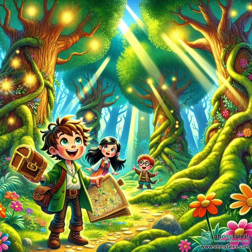 An illustration depicting a magical scene in an enchanted forest, where tall, gnarled trees rise towards the sky, their bright green leaves filtering sunlight and creating patterns of shadow and light on the moss-covered ground. In the center of this scene, a 9-year-old boy with messy brown hair and sparkling curious eyes holds a treasure map in one hand and a small wooden chest in the other, displaying a big smile of excitement. Beside him are two friends: a 9-year-old girl with long black hair in a colorful dress, gazing at the map in wonder, and a 9-year-old boy with red hair and glasses, pointing at a direction on the map with a determined look. They are surrounded by colorful flowers and curious small animals, while a golden light illuminates their faces, symbolizing adventure and friendship.