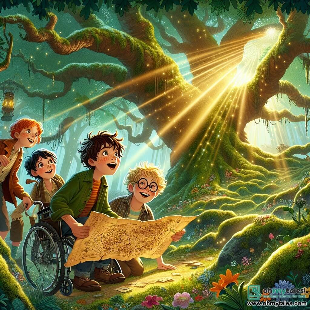 The illustration depicts a magical scene in an enchanted forest, with tall trees featuring gnarled trunks and vibrant green leaves, allowing golden rays of sunlight to illuminate the moss-covered ground and colorful flowers. In the center, a 10-year-old boy with messy brown hair and sparkling eyes holds an old treasure map, his face beaming with excitement. Next to him, a 9-year-old boy with thick glasses attentively examines the map, his brows furrowed in concentration. Another 10-year-old boy in a wheelchair points in a direction, his expression determined and enthusiastic. Finally, a 9-year-old boy with blonde hair and freckles bursts into laughter, adding joy to the scene. The main focus shows the four friends exploring, surrounded by mysteries and hidden treasures, with a majestic old oak tree in the background, its branches almost seeming alive. Sparkles of light surround them, suggesting an exciting adventure in search of treasure. Additional graphic elements include sparkling gemstones scattered on the ground, an old wooden chest half-buried in leaves, and colorful birds flying above, contributing to a joyful and dynamic atmosphere in the illustration.