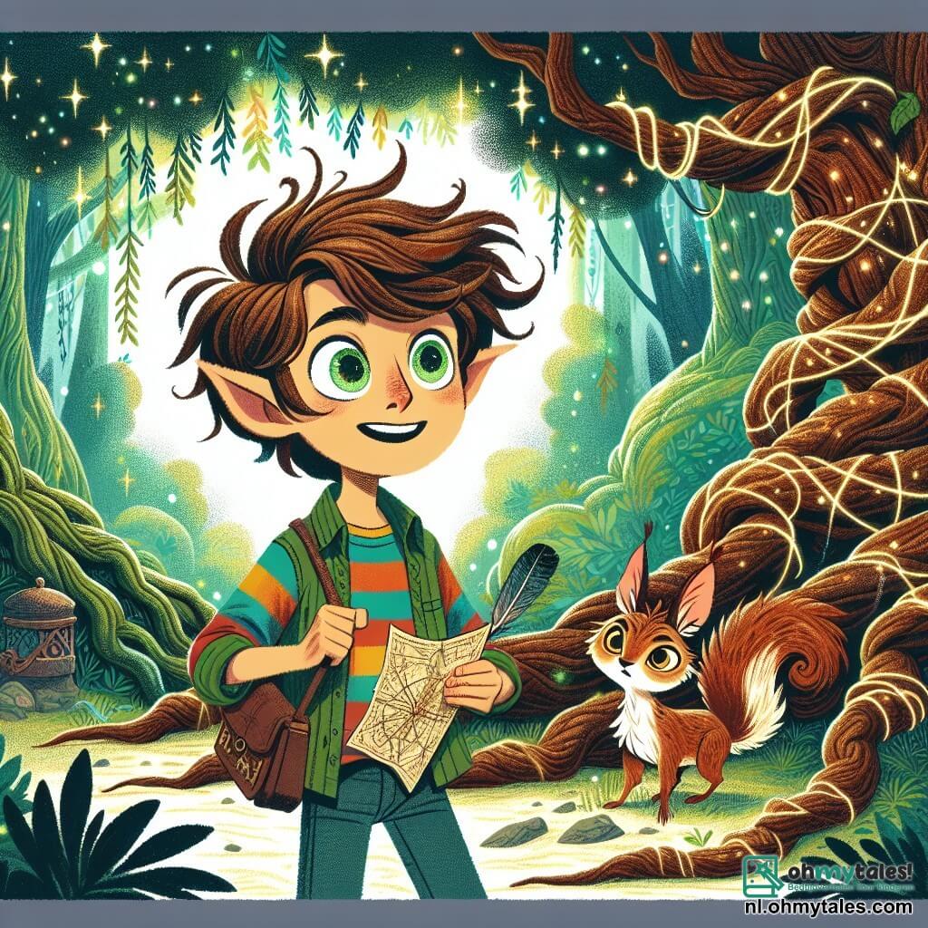 Illustratie van een scène in een betoverd bos, waar knoestige bomen naar de lucht rijzen, hun bladeren schitterend als smaragden in het zonlicht. In het midden staat een 11-jarig jongetje met rommelig kastanjebruin haar en nieuwsgierige ogen, met een stralende glimlach op zijn gezicht. Hij draagt een kleurrijk gestreept shirt en een denim short, met een oude kaart in de ene hand en een magische pen in de andere, klaar om een mysterie op te lossen. Naast hem staat een klein feeëriek wezen, dat lijkt op een mix tussen een eekhoorn en een elf, met bruin vacht en puntige oren, dat de jongen aandachtig observeert, zijn ogen schitterend van opwinding. Deze ondeugende metgezel, die ongeveer 5 jaar in mensenjaren lijkt, gebaart enthousiast, alsof hij niet kan wachten om aan hun avontuur te beginnen. De hoofdscène toont de jongen en zijn vriend voor een grote oude boom, waarvan de wortels zich verstrengelen om een mysterieuze deur te vormen. Sprankelende lichten dansen om hen heen en een aura van magie zweeft in de lucht, terwijl een zachte bries de bladeren laat ruisen. Op de achtergrond voegen kleurrijke bloemen en vreemde paddenstoelen een vleugje fantasie toe aan deze scène vol avontuur en gelach.