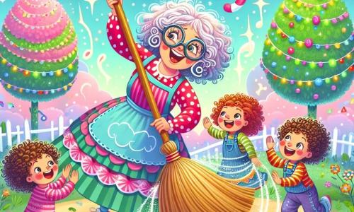 Ilustración que representa un jardín encantado, donde los árboles son de caramelo y las flores cantan bajo un cielo azul pastel salpicado de nubes en forma de algodón. En el centro, una mujer de cabello despeinado, con gafas de gran tamaño y un delantal colorido, está bailando con una escoba animada, pintada de colores vivos y con una cara sonriente. Cerca, un grupo de tres niños, de unos 7 a 10 años, con cabello rizado y rostros radiantes de alegría, intentan imitar los movimientos de la danza de la escoba, riendo y aplaudiendo. La escena irradia una atmósfera de magia y felicidad, con destellos de luz brillando alrededor de la escoba que gira, y notas de música flotando en el aire, añadiendo un toque festivo a esta alegre invención.
