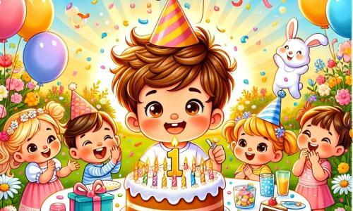 Ilustración que representa una fiesta de cumpleaños alegre en un jardín soleado, lleno de flores coloridas y globos flotantes. En el centro, un niño de 1 año, con cabello castaño desordenado y ojos brillantes, sonríe con asombro mientras sostiene un trozo de pastel de chocolate en sus pequeñas manos. A su alrededor, varios niños, incluida una niña de 2 años con coletas y un vestido rosa que aplaude con alegría, y un niño de 3 años con un sombrero de fiesta azul que sostiene un regalo colorido. Al fondo, un adorable conejito blanco, con grandes ojos curiosos, observa la escena. La situación principal muestra al niño rodeado de sus amigos, todos riendo y divirtiéndose, con confeti flotando en el aire y un gran pastel decorado con velas brillantes sobre la mesa.