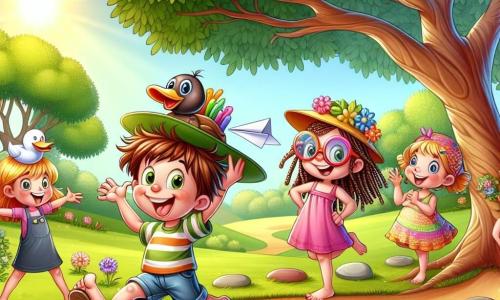 Ilustración que representa un gran parque soleado, lleno de exuberante vegetación y flores coloridas. En el centro, un gran árbol con ramas extendidas ofrece sombra, mientras un camino de grava serpentea por el parque, rodeado de risas de niños que juegan. Un niño de unos 8 años, con el cabello castaño despeinado y una sonrisa traviesa, lleva una sandalia decorada con una cara sonriente. Baila alegremente, llamando la atención de sus amigos. Junto a él, una niña de 9 años, con grandes gafas de colores y trenzas, lleva un sombrero de papel y hace gestos exagerados como una reina. Otro niño, de 8 años, se sostiene en un pie, disfrazado de pato, con una gran sonrisa y plumas de papel en su ropa. Finalmente, una niña de 7 años, con cabello rizado y un vestido colorido, sostiene un calcetín desparejado y dibuja en la arena con un palo, creando una gran obra de arte. La escena muestra a estos cuatro amigos riendo juntos, cada uno exhibiendo orgullosamente su objeto ridículo, mientras un grupo de niños a su alrededor los observa con diversión. Risas y un ambiente alegre flotan en el aire, capturando el espíritu de amistad y creatividad de esta aventura hilarante.
