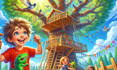 Ilustración que representa un gran parque soleado, con un cielo azul brillante salpicado de nubes blancas que parecen caramelos. En el centro, un inmenso roble con hojas verdes exuberantes, cuyas ramas se extienden como brazos acogedores. Un niño de 7 años, con el cabello castaño alborotado y una camiseta roja con un motivo de dinosaurio, está subiendo con entusiasmo a una casa del árbol colorida, construida con tablones de madera y decorada con cintas multicolores. Sonríe ampliamente, con los ojos brillantes de alegría, sosteniendo un pequeño martillo en una mano. A su lado, dos amigos: una niña de 7 años con trenzas rubias y un vestido de flores, que ajusta guirnaldas de telas coloridas alrededor de la casa, y un niño de 8 años, con gafas y una camiseta azul, que sostiene una rama para alejar a las palomas curiosas que se acercan a la casa. La escena muestra la emoción de construir la casa del árbol, con risas y colores vivos, mientras las palomas vuelan alrededor, atraídas por las decoraciones. Migas de pan están esparcidas por el suelo, añadiendo un toque de dinamismo a esta alegre aventura de amistad.