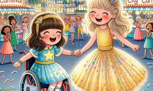 Duas meninas, Lila e Mia, estão no centro da cena. Lila, de 8 anos, tem cabelos dourados que brilham ao sol e usa um lindo vestido amarelo decorado com estrelas cintilantes. Ao lado dela, Mia, também de 8 anos, tem cabelos castanhos e usa uma blusa azul com padrões de estrelas, sentada em sua cadeira de rodas decorada com guirlandas coloridas. Elas se seguram pelas mãos, sorrindo e rindo juntas. O cenário é uma grande praça animada, cheia de balões coloridos flutuando no ar, confetes caindo suavemente e pessoas dançando alegremente. Barracas de comida e jogos são visíveis ao fundo, enquanto um grande painel indica 
