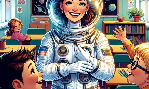O astronaută, o femeie pe nume Ana, stă în centrul imaginii, radiantă și zâmbitoare, în costumul ei spațial alb strălucitor, cu o cască transparentă care îi dezvăluie fața veselă. Ochii ei strălucesc de entuziasm în timp ce gesticulează cu entuziasm, împărtășind aventurile ei spațiale cu copiii. La dreapta ei, un băiat pe nume Andrei, în vârstă de aproximativ 8 ani, cu părul brun și ochii sclipitori, o ascultă cu admirație, cu brațele încrucișate și un zâmbet mare pe față. La stânga ei, o fetiță pe nume Maria, tot de 8 ani, cu părul blond și ochelari, ridică mâna pentru a pune o întrebare, fața ei fiind iluminată de curiozitate. Decorul se desfășoară într-o sală de clasă colorată, cu pereți împodobiți cu desene de planete și stele, afișe educaționale despre spațiu și feronete care lasă să intre lumina soarelui. Birouri din lemn sunt dispuse în jurul Anei, pline de cărți și creioane. Situația principală o arată pe Ana captând atenția copiilor povestindu-le despre aventurile sale în spațiu, încurajându-i să viseze și să își imagineze un viitor în care ar putea deveni astronauți, dansând și distrându-se împreună.