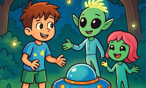 Ein 10-jähriger Junge namens Ben steht in einer Waldlichtung, seine Augen leuchten vor Staunen und Neugier. Er hat zerzauste braune Haare, ein blaues T-Shirt mit Sternenmotiv und eine grüne Shorts. Seine Hände sind geöffnet, als wäre er bereit, etwas Magisches zu berühren. Neben ihm schwebt Filo, ein kleiner Außerirdischer mit grüner Haut und riesigen Augen, leicht über dem Boden. Er hat leuchtende Haare und trägt einen silbernen Anzug, der im Licht der Sterne funkelt. Mina, eine weitere Außerirdische, ist kleiner, hat rosa Haare und ein strahlendes Lächeln, sie steht direkt hinter Filo und schaut Ben begeistert an. Die Lichtung ist von majestätischen Bäumen umgeben, deren Blätter im Mondlicht glänzen, und Glühwürmchen tanzen um sie herum, was eine magische Atmosphäre schafft. Im Zentrum der Szene steht ein kleines, rundes Raumschiff in lebhaften Farben, das einen sanften Lichtschimmer abgibt. Die Hauptsituation zeigt Ben, der fasziniert auf das Raumschiff zugeht, während Filo und Mina ihn einladen, einzusteigen, bereit, ihr unglaubliches intergalaktisches Abenteuer zu teilen.