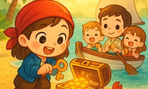 A smiling young female pirate with round cheeks and bright eyes, wearing a vivid red scarf and small blue jacket, holds a gold key and opens a treasure chest with wonder; a young adult named Niko with short brown hair rows gently beside the small white-and-red boat, standing at the stern and watching curiously; a small crew of two children (~8) in colorful clothes sing and hold cookies gathered around the captain; a bright red crab with big black eyes waves a claw near the chest on the sand; the setting is a bright tropical island with green palms, textured golden sand and a calm turquoise sea with sparkling waves; the small cheerful boat has a beige sail and rests near shore; the scene centers on the opening chest revealing shiny coins and a small bag of cookies, with joyful expressions, warm sharing atmosphere, saturated colors, soft rounded lines and golden sunset light.
