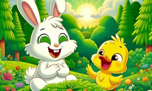 Un pequeño conejo llamado Tito, con un pelaje suave y blanco, grandes orejas erguidas y ojos brillantes de curiosidad, está sentado en una colina verde, riendo a carcajadas. A su lado, un pato llamado Pepe, con plumas amarillas brillantes y una gran sonrisa, se mantiene en pie moviendo sus alas, con los ojos brillantes de emoción. El escenario es un hermoso paisaje de bosque, con árboles majestuosos de hojas verdes brillantes, flores de colores esparcidas y un cielo azul claro salpicado de nubes blancas esponjosas. La escena muestra a Tito y Pepe rodeados de una montaña de zanahorias coloridas, riendo y divirtiéndose mientras preparan su fiesta de zanahorias bajo la suave luz del sol poniente.