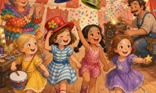 Hay seis personajes: Clara, niña de 6 años, coletas rubias, vestido amarillo, toca un pequeño tambor y tiene un sol pintado en la mejilla; Lila, niña de 6 años, pelo castaño corto, vestido azul a rayas, ríe sosteniendo un sombrero de payaso rojo; Maya, niña de 6 años, trenza negra, traje rosa con purpurina, lanza confeti con destellos en la frente; Sofía, niña de 6 años, pelo castaño claro, vestido violeta, tiene media luna blanca pintada y ofrece una estrella adhesiva; Pompón, mujer de ~40 años, directora de maquillaje, moño gris, vestido de volantes coloridos, aplaude junto a un pupitre de maquillaje; Tico, hombre de ~35 años, maquinista, mono manchado de pintura y cinturón de herramientas, agazapado junto a una pequeña máquina que suelta confeti. Lugar: pista de circo interior bajo carpa roja y blanca, suelo de madera pulida, guirnaldas de luces, telón de terciopelo rojo corrido y público infantil difuminado; cerca hay una mesa con botes de pintura y pinceles. Situación: las cuatro niñas desfilan tomadas de la mano por la pista con la cara pintada (sol, olas, purpurina, luna), accesorios y dos sombreros cómicos girando; Tico acciona la máquina que libera confeti mientras Pompón aplaude; ambiente alegre, colores saturados, texturas suaves y movimiento dinámico.