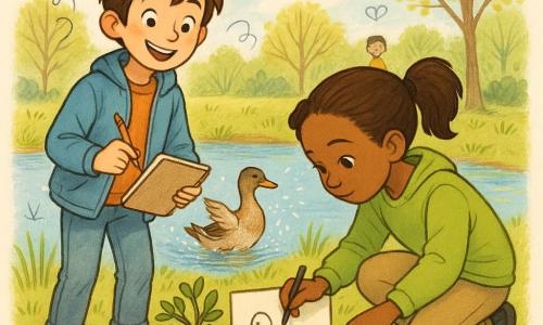 Leo, un niño de 10 años sonriente y asombrado, y Nora, una niña de 10 años atenta y alegre, arrodillada junto a él, colocan suavemente un cartel que dice 