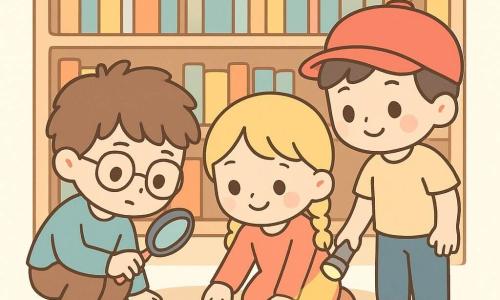 Marco, un ragazzo con capelli castani arruffati e occhiali rotondi, ha un'espressione concentrata e curiosa. È accovacciato vicino a uno scaffale della biblioteca, tenendo una lente d'ingrandimento colorata. Accanto a lui, Giada, una bambina di 8 anni con capelli biondi intrecciati e un sorriso malizioso, indica una pagina di un libro sul pavimento. Omar, un ragazzo di 9 anni con un cappellino rosso, sta in piedi con una piccola torcia accesa, illuminando lo spazio sotto lo scaffale. La biblioteca è luminosa e accogliente, con scaffali pieni di libri colorati e un tappeto morbido. La scena mostra Marco che scopre la pagina mancante del libro, circondato dai suoi amici, in un'atmosfera di mistero e amicizia.