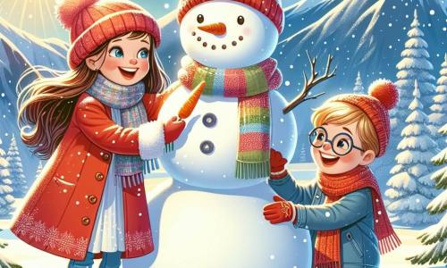 Ein 10-jähriges Mädchen, Lena, mit langen braunen Haaren und rosigen Wangen, lächelt fröhlich, während sie einen großen Schneemann baut. Sie trägt einen leuchtend roten Mantel, einen bunten Schal und Wollhandschuhe. Neben ihr hält ihr 7-jähriger Bruder Max, der blonde Haare und eine Brille trägt, eine Karotte für die Nase des Schneemanns und lacht begeistert. Die Szene spielt in einer wunderschönen Winterlandschaft: majestätische Bäume sind mit funkelndem Schnee bedeckt, der Himmel ist klarblau und die Sonne strahlt. In der Ferne erheben sich majestätische schneebedeckte Berge und bereichern die Schönheit dieses winterlichen Bildes. Lena und Max schaffen ihren Schneemann, lachen und spielen im frischen Schnee, voller Aufregung und Glück.
