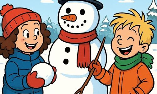 Ein 8-jähriges Mädchen, Lina, mit braunen lockigen Haaren und rosigen Wangen, lächelt fröhlich, während sie einen Schneeball hält. Sie trägt eine dicke blaue Jacke, eine rote Mütze und passende Handschuhe. Neben ihr steht ein 8-jähriger Junge, Jonas, mit zerzausten blonden Haaren, der lacht und einen Stock hält, um im Schnee zu zeichnen. Er trägt einen grünen Schal und eine orangefarbene Jacke. Vor ihnen steht ein großer Schneemann mit einem schwarzen Hut und einem roten Schal. Im Hintergrund ist ein kleiner Schneeiglu von einigen Bäumen umgeben, die mit glitzerndem Schnee bedeckt sind. Der Boden ist vollständig weiß, und der Himmel ist hellblau mit ein paar wattigen Wolken. Die Szene strahlt eine Atmosphäre von winterlichem Spiel und Kameradschaft aus.