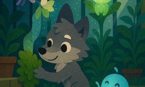Main character: a small wolf named Luma with smoky gray fur and a white patch over one eye, big curious eyes and a gentle smile, bravely pressing a clump of green moss into a crack to stop a leak; Secondary 1: a round pale-blue alien like a glowing pebble with two waving arms and blinking eyes, floating to Luma’s right and holding moss; Secondary 2: a small plump green creature with shimmering skin and an amazed smile, perched on a tall leaf behind Luma, casting a soft green glow; Secondary 3: an even smaller pearlescent purple creature with sparkling eyes, tapping open a moonflower while floating above a terracotta pot to Luma’s left; Setting: a large glass greenhouse at night with misted panes, rows of lush plants and huge leaves, a small lily-pad pond and moonlight streaming through thousands of glinting droplets; Scene: a warm, magical, friendly moment as Luma and the three glowing visitors collaborate to plug the leak with green moss, blue, green and violet colors blending.