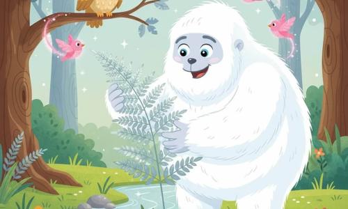 A large white Yeti, soft and round with big sky-blue eyes, looks joyful and amazed; its fur is textured in soft tufts and its chubby hands gently caress a large silver leaf, while a wise old owl with golden feathers perches above watching kindly, crystalline pink-feathered birds flutter about leaving sparkling trails; the scene is by a shimmering stream with emerald grass, colorful flower clusters and a smooth mossy stone, backed by twisted-trunk trees with silver leaves forming a sparkling canopy—the Yeti is reviving a wilted silver fern that unfurls into bright leaves, in a bright, magical, pastel-lit, softly contrasted, childlike warm style.