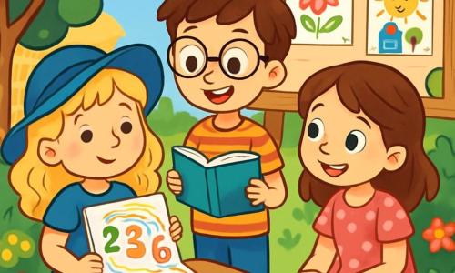 Există 3 personaje: Ana, o fetiță de 8 ani cu părul blond și bucle vesele, purtând o pălărie mare și frumoasă albastră, stând pe o bancă cu un zâmbet timid pe față, ținând un carnet plin de desene colorate; Luca, un băiat de 9 ani cu părul brun și ochelari rotunzi, purtând un tricou cu dungi, stând lângă Ana, ținând o carte deschisă, cu ochii strălucind de entuziasm; Maria, o fetiță de 8 ani cu părul castaniu și ochii strălucitori, purtând o rochie roz cu buline, stând pe bancă, aplecată înainte, ascultând-o pe Ana cu atenție și zâmbind încurajator. Locul este o curte de școală însorită, înconjurată de copaci verzi cu frunze strălucitoare și flori colorate, cu un panou mare de afișaj din lemn decorat cu desene de copii, iar râsetele răsună în aer. Situația principală arată cum Ana își împărtășește cu prietenii cum vede cifrele ca forme dansatoare, în timp ce Luca și Maria o ascultă cu atenție, înconjurați de un halou de culori vii și bucurie.
