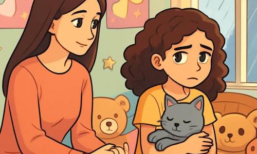 A 12-year-old girl, Maya, with curly brown hair and sparkling eyes, is sitting on her bed surrounded by stuffed animals. Her face shows slight sadness, with furrowed brows and a small pout. She is holding her cat, Whiskers, a cute gray feline, seeking comfort. Next to her, her mother, a woman in her thirties with long, smooth hair, is sitting on the edge of the bed, tenderly holding her hand. She wears a soft sweater and has a calming gaze, trying to reassure her daughter. The room is decorated in pastel colors, with posters of unicorns and shimmering stars on the walls. A beam of light filters through the window, illuminating the room, while rain gently falls outside. The main situation shows Maya, a bit lost, looking out the window with a melancholic expression, wondering how her life will change after her parents' separation.