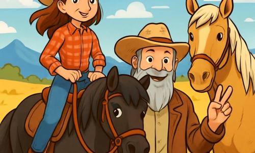 Młoda cowgirl, Emily, około 12-letnia, siedzi na swoim czarnym koniu, Shadow, z determinacją na twarzy. Ma na sobie beżowy kapelusz kowbojski, czerwoną koszulę w kratę i znoszone dżinsy, a jej kasztanowe włosy powiewają na wietrze. Obok niej stoi mężczyzna w wieku około 60 lat, z długą szaro-białą brodą i słomkowym kapeluszem, podnosząc rękę w geście pokoju i uśmiechając się ciepło. Ma na sobie znoszoną skórzaną kurtkę i stoi obok swojego konia, dużego palomino. Tło to rozległa, złota preria, usiana kolorowymi dzikimi kwiatami, pod jasnoniebieskim niebem z białymi, puszystymi chmurami. W oddali widać majestatyczne góry na horyzoncie. Główna scena pokazuje Emily i jej towarzyszy podróży przygotowujących się do przekroczenia wąskiej ścieżki, z rozrzuconymi wokół kamieniami, podczas gdy lekki wiatr unosi pył z ziemi. Są zjednoczeni i gotowi stawić czoła wyzwaniom swojej przygody, ilustrując ducha koleżeństwa i odwagi.