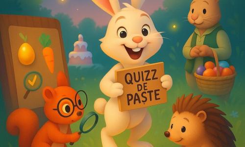 Riri, un iepuraș tânăr antropomorf cu urechi lungi și blană ivorie, zâmbește jucăuș ținând o pancartă „QUIZZ DE PAȘTE” și sare pe picioarele din spate; Tica, veveriță mică cu ochelari rotunzi și blană roșcată, e concentrată cu o lupă lângă un panou cu indicii; Gogu, ariciu la trup și țepi bruni, atinge cu un spin un fir strălucitor de glazură; Moț, un iepure mai în vârstă în vestă verde, stă în spate lângă un coș cu ouă colorate; scena e o poiană de primăvară luminată, iar atmosfera sugerează o vânătoare de indicii de Paște cu obiecte-cheie (ou auriu, glazură, morcov sculptat), culori pastel cu accente portocalii/roșii și lumină blândă.