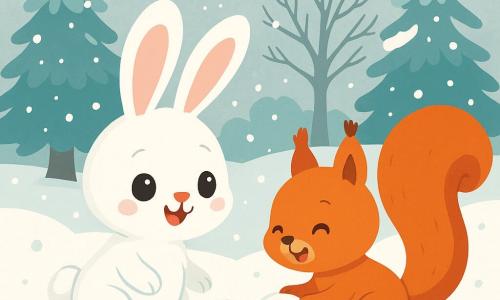 Een klein konijntje met grote oren, genaamd Petit Lapin, staat in een besneeuwd landschap, zijn ogen stralend van nieuwsgierigheid en verwondering. Hij heeft een zachte, donzige vacht van stralend wit en kijkt om zich heen met een blije glimlach. Naast hem rolt een ondeugend eekhoorntje, met felrood bont en een pluizige staart, een kleine sneeuwbal terwijl het van blijdschap lacht. Een schattig, rood paddenstoeltje met witte stippen staat net achter hen en voegt een vleugje kleur toe aan het decor. De plek is een vredig bos, bedekt met een dikke laag glinsterende sneeuw onder een zachte grijze lucht, met bomen waarvan de takken vol sneeuw hangen. De scène toont Petit Lapin en Eekhoorn die samen in de sneeuw spelen en blije herinneringen creëren op deze koude winterdag.