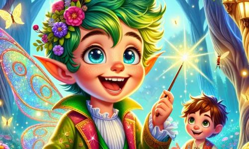 A joyful elf with shimmering wings, messy green hair, and a bright smile stands at the center of the image, holding a small magic wand. His sparkling, curious eyes shine with excitement as he looks around. Next to him, an 8-year-old boy with brown hair and colorful clothes gazes at the elf in wonder, his round, bright eyes wide open. In the background, an enchanted forest unfolds, with majestic twisted trees, glowing flowers, and fireflies dancing in the air. The scene depicts the elf and the boy searching for scattered musical notes, surrounded by magic and vibrant colors, while a soft ray of sunlight filters through the leaves.