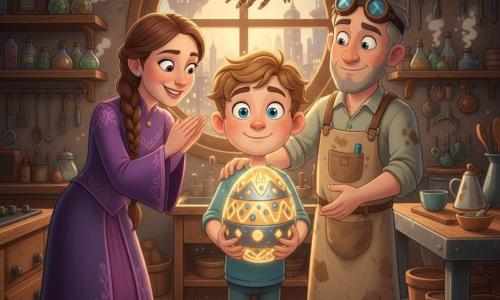 A 10-year-old boy with a round freckled face and tousled chestnut hair, wide bright eyes and a proud, awed expression, stands in the center of a warm kitchen holding delicately a large glowing egg decorated with golden patterns and silver circuitry; to his left a mother of about 35 in a modern purple witch dress embroidered with sparks, long braided hair and a tender smile, claps gently leaning toward the egg; to his right a father of about 36, an inventor in an oil-stained beige work smock with round glasses pushed to his forehead and short salt-and-pepper hair, rests a protective hand on the boy’s shoulder looking amazed; a palm-sized copper-polished dragonfly guide robot named Chrono with translucent electric-blue wings hovers near the egg emitting a soft glow; the steampunk-magical kitchen-workshop has wooden shelves with smoking vials, hanging mechanical tools, a large steel workbench and golden light through a round window showing floating skyscrapers; the scene depicts the boy presenting the egg found on a time-travel adventure, the egg emitting magical halos and tiny lightning, warm atmosphere, sharp details, saturated colors and soft cel-shaded shadows.