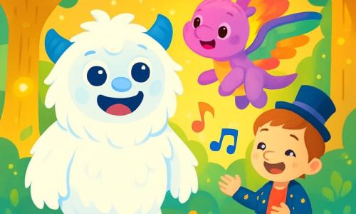 A gentle and fluffy yeti named Snowy, with bright white fur and round, shiny eyes, stands at the center of the scene, displaying a joyful and curious expression. Next to him, a small dragon named Lila, with rainbow wings and a plush body, joyfully flies around him, her eyes sparkling with happiness. In the background, a dreamer named Willow, a boy of about 10 years old, wears a miniature hat and a starry jacket, sitting on a tree trunk, smiling and telling stories. The setting is an enchanted clearing surrounded by tall trees with golden trunks and shimmering leaves, where lights dance in the air. The ground is covered in soft green grass dotted with colorful flowers that shine in the sun. The main scene shows Snowy, Lila, and Willow celebrating together in a magical atmosphere, as vibrant colors illuminate the clearing and musical notes float in the air, creating a joyful and lively ambiance.