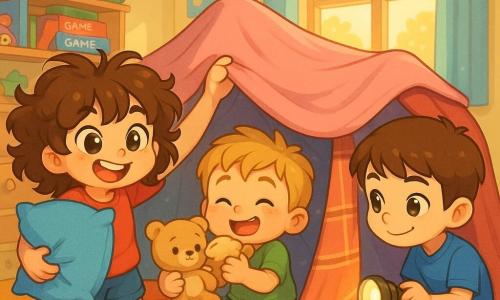 An 8-year-old girl, Lily, with chubby round cheeks and messy brown curls, holds a blue pillow and drapes a pink blanket over a fort; a 6-year-old boy, Max, with short blond hair and crumb-speckled cheeks, hugs a stuffed toy and adds cushions to Lily’s left; a 10-year-old boy, Jake, with straight brown hair and a conspiratorial smile, crouches to fix the fort’s “door” on the right while holding a flashlight. The colorful playroom has pale yellow walls, a rainbow rug, toy-filled shelves, bunting and warm late-afternoon light; the three children build a giant blanket-and-cushion fort at the center, laughing, with a slightly open entrance and a handle wrapped in a small throw as if a “monster-door” might enter, creating a bright, soft-textured, dynamic, warm and joyful scene.