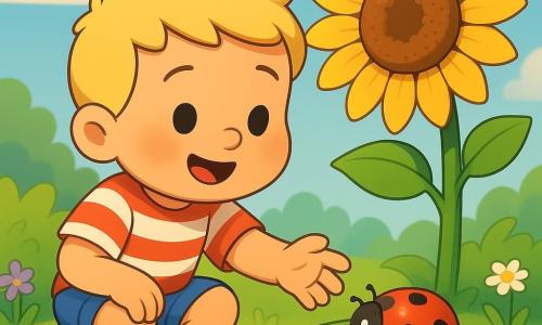 A happy, wide-eyed 2-year-old boy with short blond hair and slightly rosy cheeks, wearing a red-and-white striped t-shirt and blue shorts, is crouching and reaching toward a small shiny red ladybug with black spots on a green leaf near his hand; a tall sunflower with bright yellow petals and a textured brown center stands behind them, tilting as if watching. The colorful, gentle garden has wavy green grass, small purple flowers and white daisies, warm sunlight and soft shadows. The scene captures a calm, magical moment of discovery—simple, joyful, and contemplative—in a 3D cel-shaded cartoon style with saturated colors, crisp outlines, and simple textures suitable for toddlers.