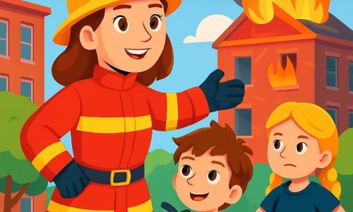 Eine Feuerwehrfrau, Anna, steht stolz vor einem brennenden Gebäude, ihr Gesicht strahlt Entschlossenheit und Mut aus. Sie trägt eine leuchtend rote Uniform, einen glänzenden gelben Helm und schwarze Handschuhe, während sie ihr Team selbstbewusst anleitet. Neben ihr schaut ein 10-jähriger Junge, Timmy, mit zerzausten braunen Haaren bewundernd und hält einen kleinen Plastikfeuerlöscher. Ein weiteres Kind, Lisa, ein 9-jähriges Mädchen mit langen blonden Zöpfen, steht etwas abseits mit den Händen in die Hüften gestützt und zeigt einen konzentrierten Gesichtsausdruck. Der Ort ist ein Stadtviertel mit roten Backsteinbauten und grünen Bäumen. Orange und gelbe Flammen steigen vom Dach eines Gebäudes auf, während schwarzer Rauch in den blauen Himmel aufsteigt. Die Hauptsituation zeigt Anna, die ihrem Team Anweisungen gibt, bereit, das Feuer zu bekämpfen, während Timmy und Lisa bewundernd zuschauen und davon träumen, Feuerwehrleute wie sie zu werden.