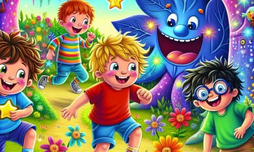 Quatro meninos de cinco anos, Léo, Beto, Tico e Nino, estão no centro de um mundo mágico e colorido. Léo, com cabelo castanho bagunçado e uma camiseta vermelha, sorri segurando uma estrela dourada brilhante. Beto, com cabelo loiro e um short azul, ri segurando a barriga. Tico, com óculos redondos e uma camiseta verde, corre em direção a uma grande folha gigante que faz caretas. Nino, com cabelo preto e um chapéu de palha, está escondido atrás de uma árvore azul que ri. O local é um jardim encantado, cheio de árvores coloridas, troncos roxos e folhas brilhantes. Flores multicoloridas dançam ao vento, e pássaros de penas vibrantes voam no céu azul. A cena principal mostra os quatro amigos brincando de esconde-esconde, cercados por criaturas divertidas como uma árvore risonha e uma folha que faz caretas, criando uma atmosfera alegre e lúdica.