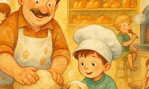 A warm bakery scene: smiling baker Mr. Crumble, round-faced with a thin mustache and flour-dusted cupcake-print apron, kneads a large ball of dough while seven-year-old Benny, flour-covered with an oversized chef’s hat, shapes a puppy-shaped dough beside him; an eight-year-old girl with a brown braid and polka-dot dress holds a star cookie cutter near a low table, and a tousle-haired six-year-old boy licks a wooden spoon sitting on a stool; sun-yellow walls, wooden shelves stacked with golden breads and flaky croissants and jars of honey, a flowered window letting in a ray of light, a black cast-iron oven ajar with steam, an animated pastry class with laughter, flour in the air, warm textures and watercolor pastel tones.