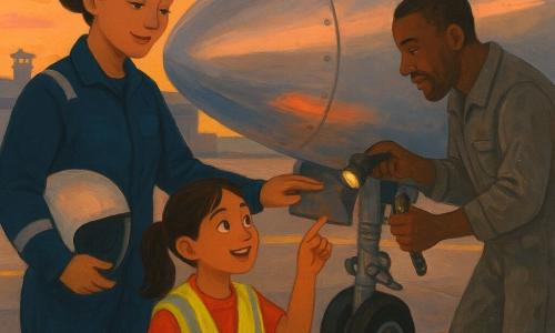 Female pilot, about 30, brown hair in a bun, calm smile, wearing a navy flight suit with reflective stripes and holding a white helmet, her hand tenderly on the silver fuselage; girl (~11, Jules) with a ponytail and oversized safety vest, amazed and pointing at a small blinking light; mechanic (Ben), about 40, weathered face, gray oil-stained coveralls on a small ladder holding a lamp and tool, inspecting the landing gear; airport apron at twilight with smooth concrete and yellow/white lines, hangars and control tower slightly blurred, orange-pink sky and warm reflections on the metal; calm moment after a test flight as the pilot thanks the plane and talks with the curious girl while the mechanic checks a brief alert, warm collaborative atmosphere, soft lighting, long shadows, realistic details (visor, patches, fuselage rivets).