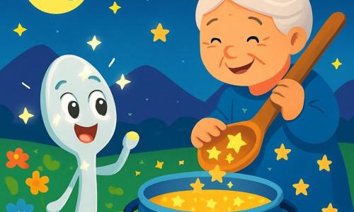 Brilli, una pequeña cuchara de plata, brilla bajo la luz de la luna. Con ojos chispeantes y una sonrisa alegre, está frente a una gran olla de metal donde bailan estrellas luminosas. A su lado, la dulce Abuela Luna, una anciana con cabello plateado y un vestido estrellado, sonríe cálidamente mientras vierte estrellas brillantes en la sopa con una gran cuchara de madera, su rostro radiante de bondad. El escenario es un cielo nocturno salpicado de estrellas brillantes, con un fondo de suaves montañas y un prado de flores coloridas que se extienden a lo lejos. La escena muestra a Brilli, maravillada, probando una gota de la sopa mágica, mientras constelaciones bailan a su alrededor, creando una atmósfera de magia y aventura.